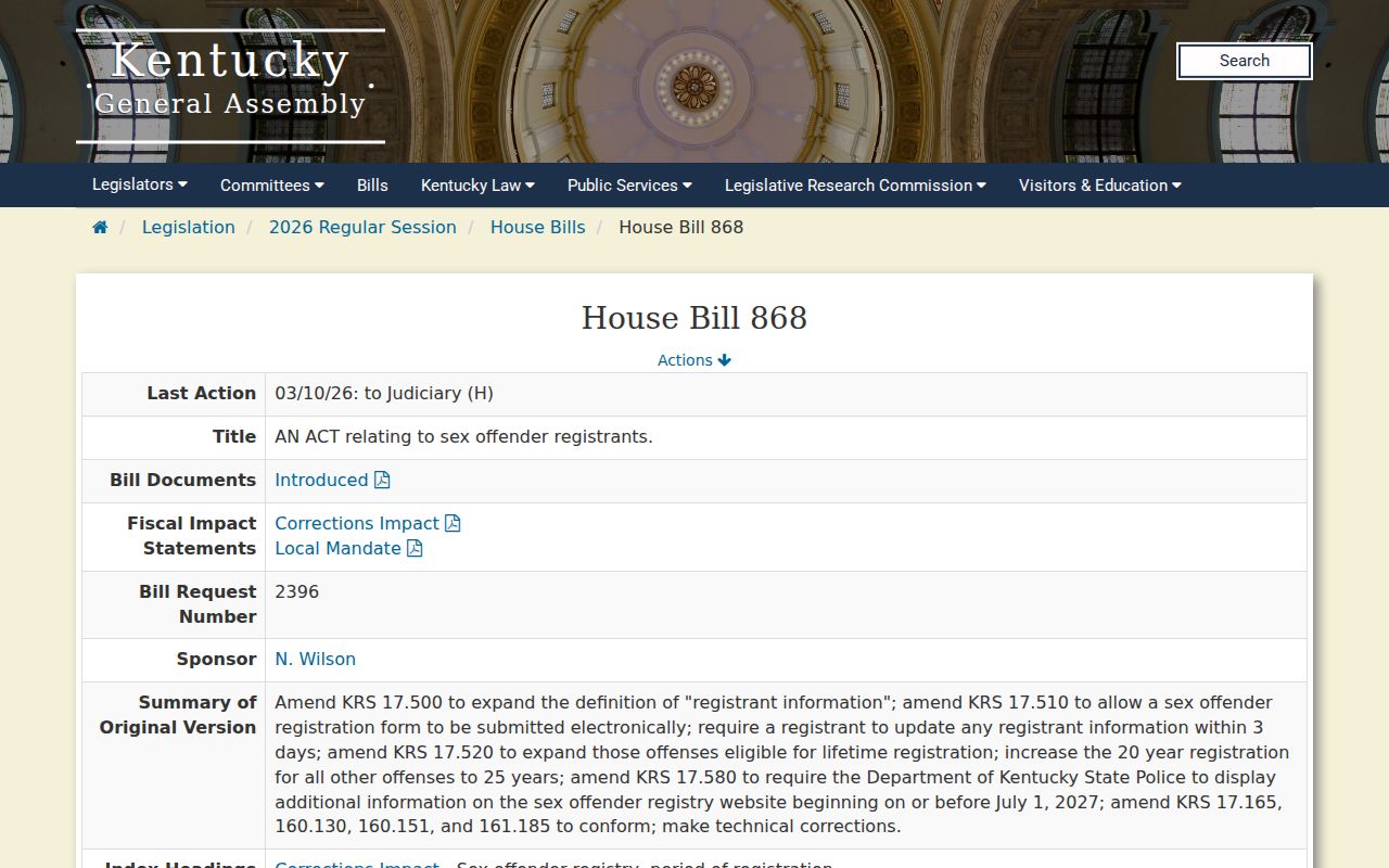 2026 Kentucky registry bill record affecting Monroe County sex offender law research