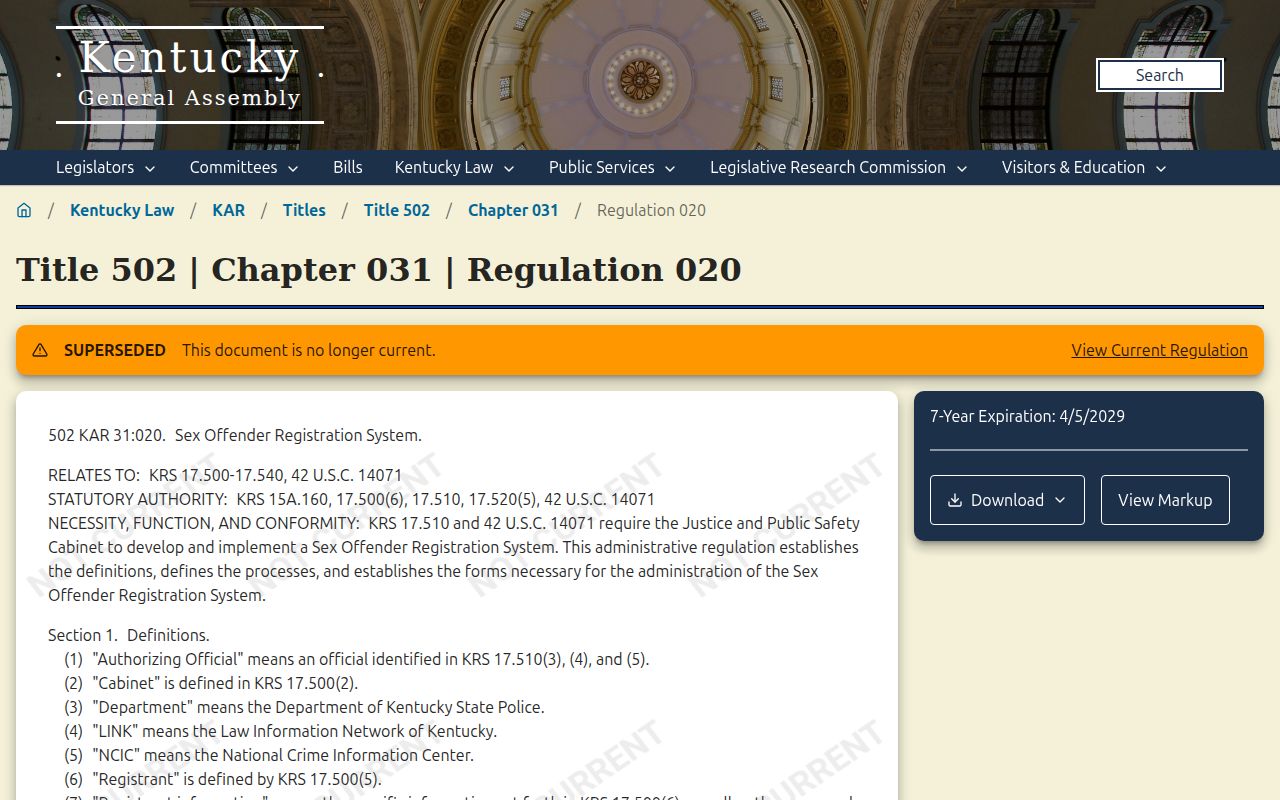 Kentucky registry regulation for Monroe County sex offender checks